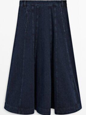 MASSIMO DUTTI Denim Flounce Midi Skirt With Seams In Dark Blue NEVER WORN Size 6